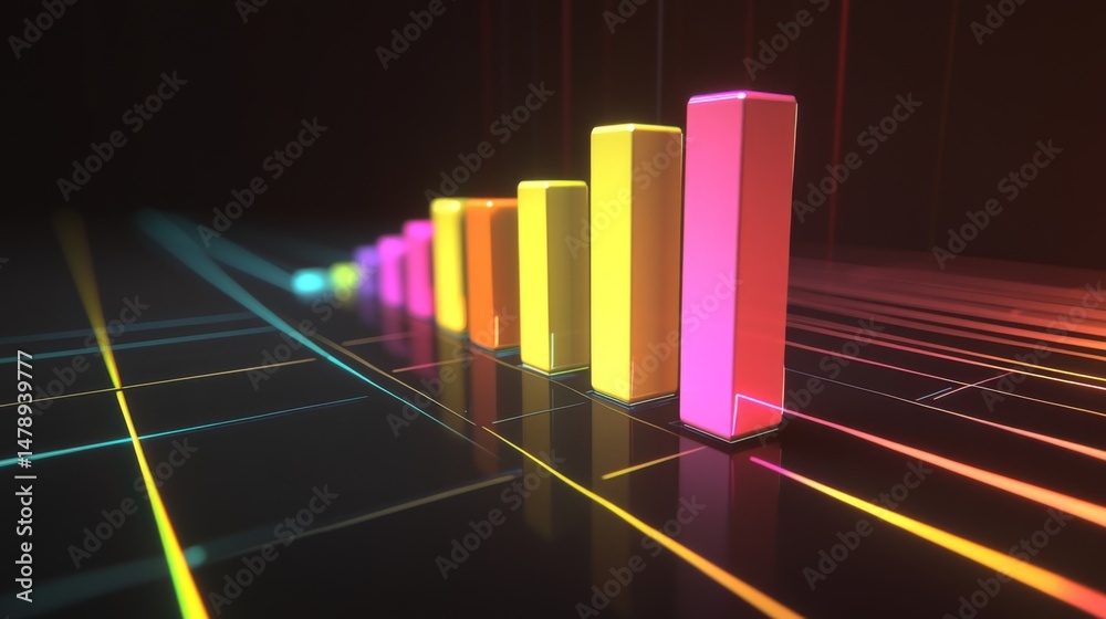 Aufkleber financial bar chart on a dark background with glowing gridlines, featuring colorful bars and a moder