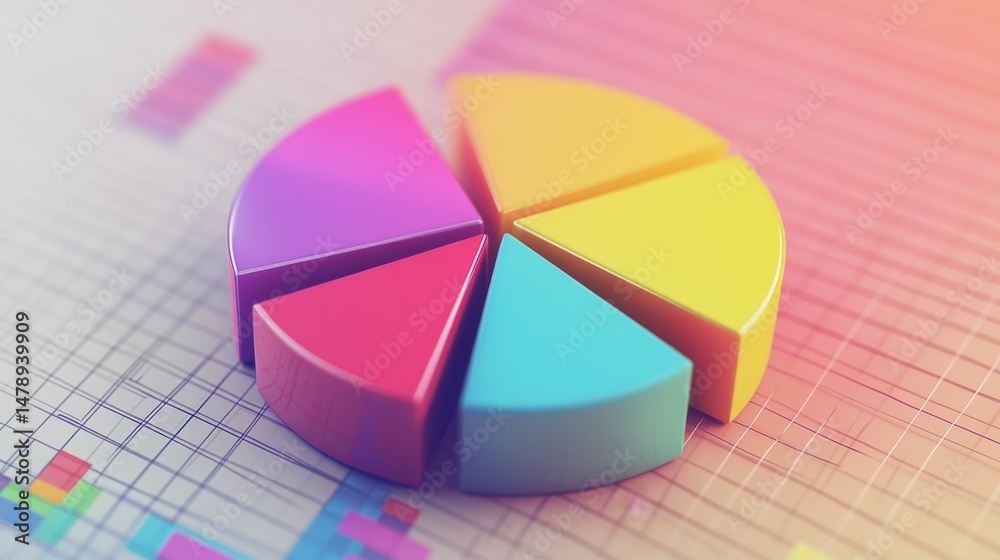 Poster Floating D pie chart with transparent and solid segments, positioned over a grid pattern, highlighting digital data in a stylish design