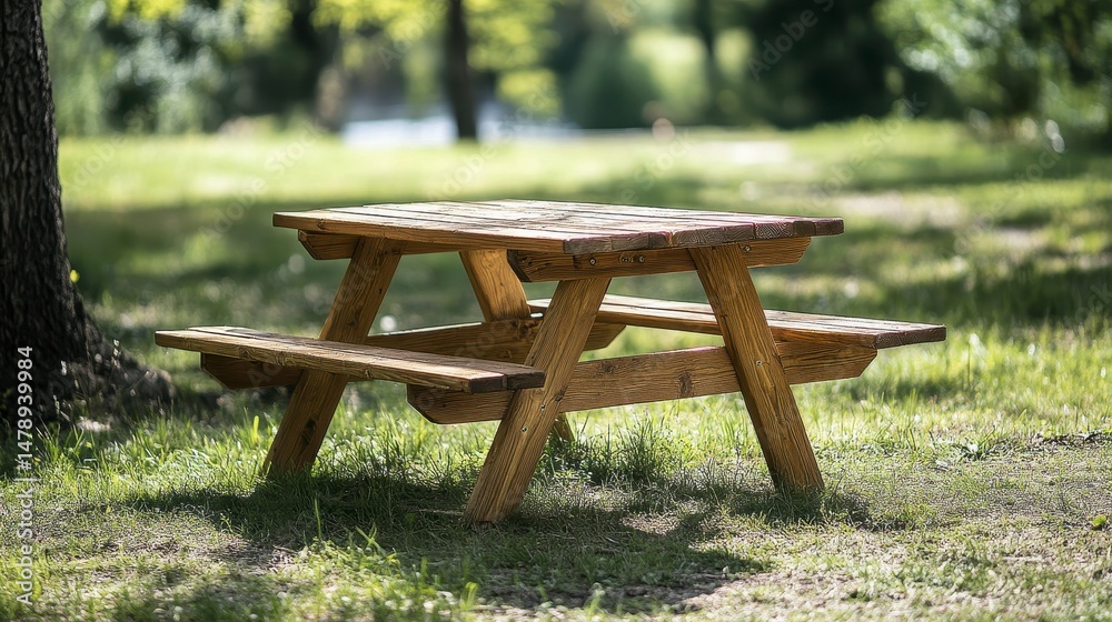 Aufkleber rustic wooden picnic table in a sunny park.