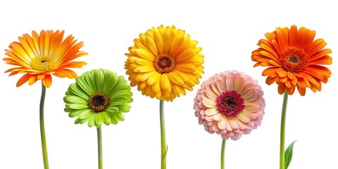 A vibrant collection of colorful gerbera daisies against a stark white background