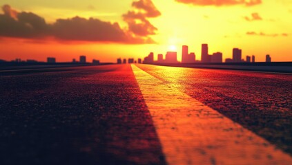 Obraz premium Asphalt road stretches towards a vibrant sunset cityscape