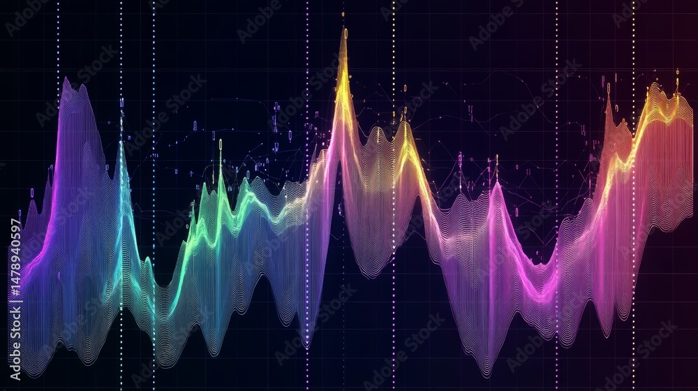 Poster Heatmap style graph with a color gradient on a dark grid background, illustrating varying intensities across data points
