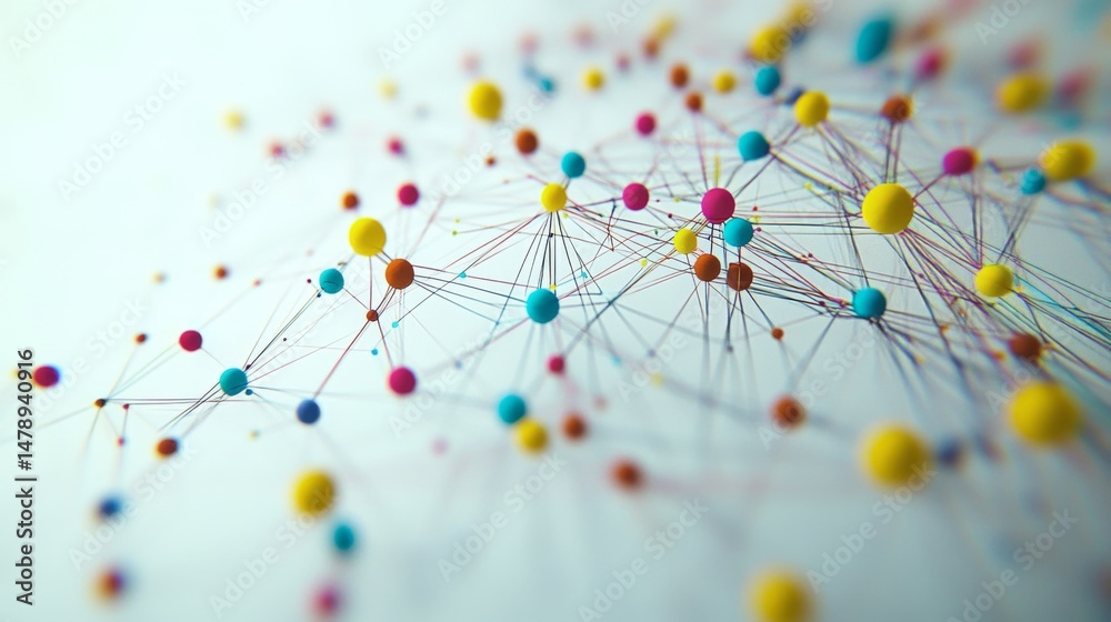 Poster interactive data flow graph with colorful nodes and connecting lines on a white background, giving a