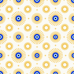Evil eye Greek seamless pattern. Vector background with blue beads and sun. Turkish nazar - ethnic symbol of protection energy and luck. Mystic amulet with astrology ornament. Cute cosmic design