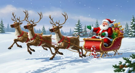 Fototapeta premium Santa claus riding sleigh with reindeer through snowy winter wonderland