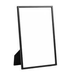 A blank, vertically oriented framed display with a black border and stand is shown on a dark background