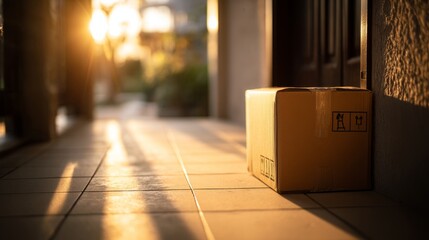 A cardboard package arrives at the doorstep, symbolizing convenience and modern delivery services.
