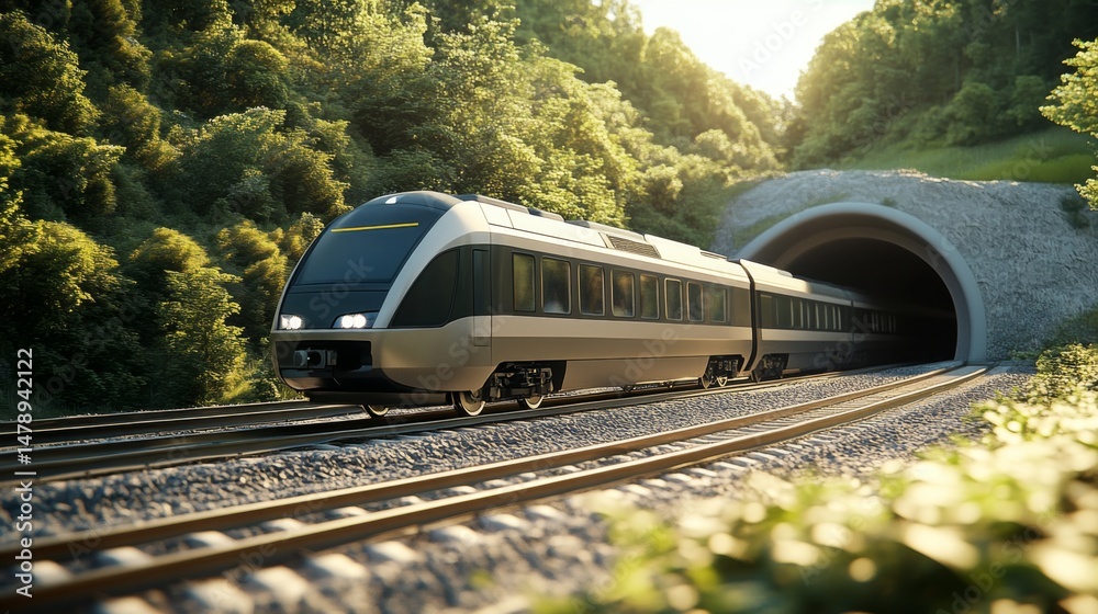 Poster electric train exiting a tunnel, sunlight reflecting on its sleek metallic surface as it speeds into