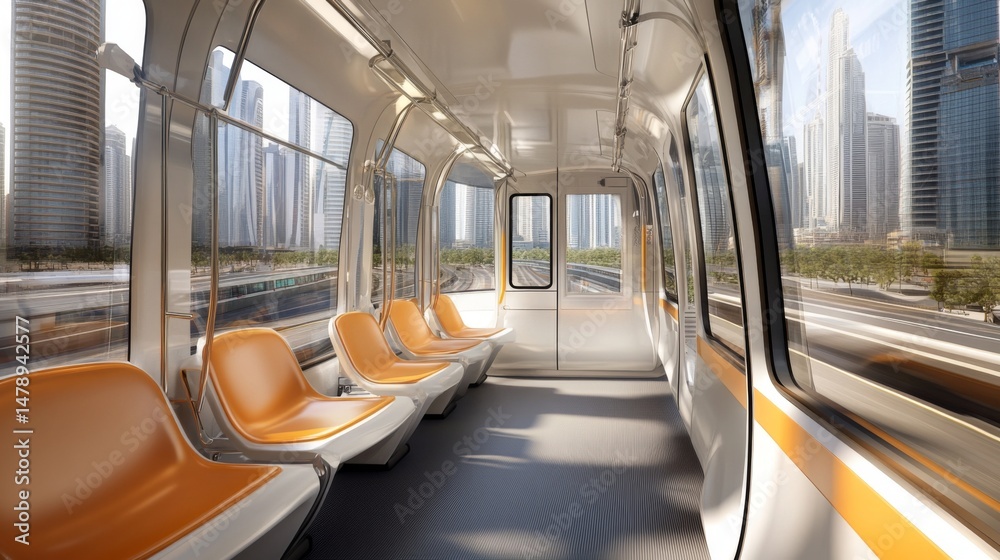 Poster Row of empty seats inside a modern electric train, with large windows offering a panoramic view of the city passing by