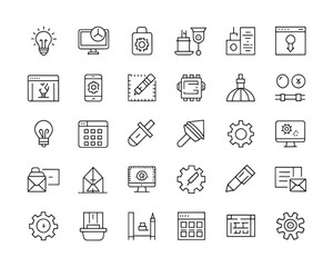 Outline icon set showing complete creative and technical design process