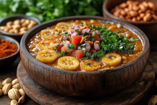 a traditional Ugandan dish, matoke , steamed plantains, with peanut sauce, served in a wooden bowl, accompanied by roasted groundnuts and fresh vegetables, warm ambient lighting