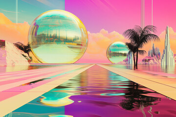 Retro-Futuristic Neon Landscape with Reflective Spheres