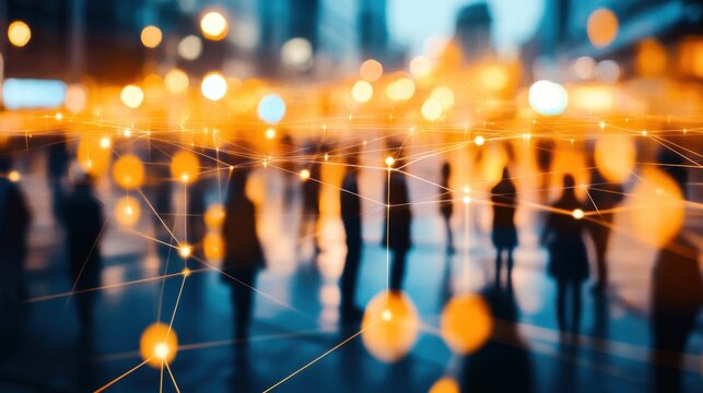 Abstract Crowd of People Walking in City with Futuristic Network Overlay at Night Low Angle