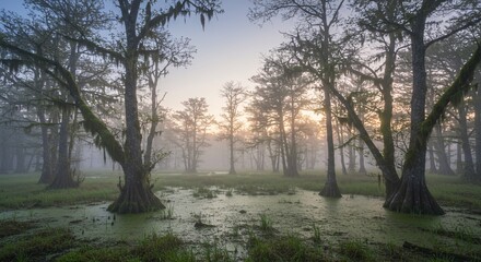 Fototapeta premium Misty Sunrise in a Cypress Swamp Enchanting Nature Photography