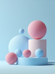 Fototapeta premium Abstract pastel geometric shapes arrangement still life product display minimal studio shot light blue background