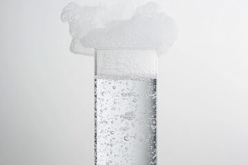 Bubbling Science Fizzing liquid experiment in glass beaker on white.