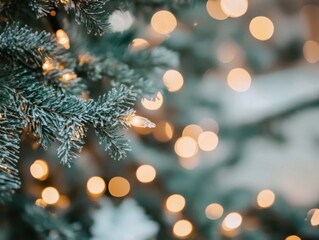 Close-up of frosted evergreen branches adorned with warm glowing Christmas lights creating a festive holiday atmosphere indoor