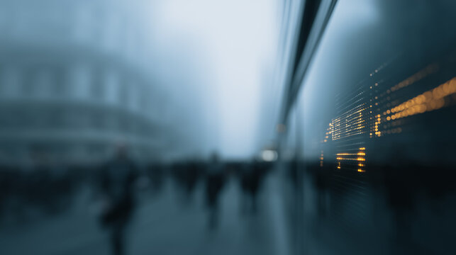 Urban Wall of Numbers: A close-up shot of a city wall displaying a scrolling digital display, highlighting a blurred cityscape backdrop. Capturing the bustling energy of modern life.