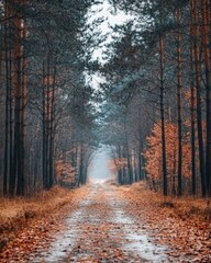 Obraz premium Forest Path Perspective in Autumnal Light Leading to Foggy Distance in Rural Landscape of Tall Trees and Fallen Leaves