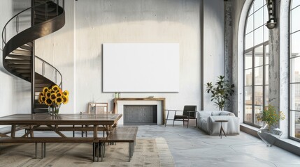 Industrial loft with spiral staircase, large blank canvas, wooden table, and city views.  A spacious, light-filled room with a modern twist