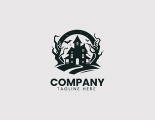 Spooky Haunted House Under Full Moon Vector Logo Design, Creepy Haunted House Full Moon Night Vector Logo