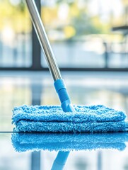 Close up of a blue microfiber mop cleaning a shiny floor in a bright room with a modern interior