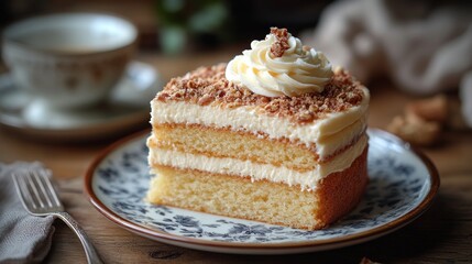 A Delicious Slice of Layered Vanilla Cake with Cream Cheese Frosting and Toasted Nuts