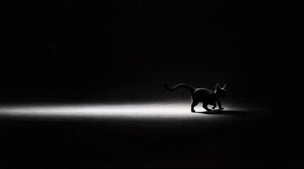 A minimalist, high-contrast black-and-white scene featuring a cat walking along a narrow beam of light. The cat's silhouette is sharply defined against the dark background, with its long tail arching