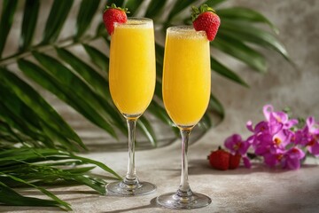 Refreshing orange cocktails garnished with strawberries.