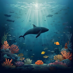 Obraz premium Underwater Ocean Life with Whale and Coral Reefs – Minimalist Marine Illustration