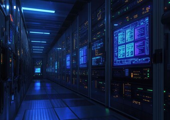 Futuristic server room, illuminated by  neon blue light.  Densely packed racks with advanced computer equipment and glowing displays showing complex data