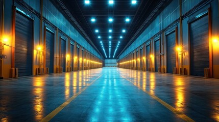 Illuminated Industrial Warehouse Interior: A Symphony of Blue and Gold