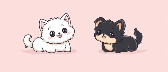 Obraz premium Two adorable cartoon puppies sitting side by side on a pink background digital art illustration cute happy playful domestic