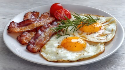 Crispy bacon and fried eggs with herbs on a white plate.