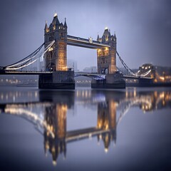 Obraz premium Illuminated Tower Bridge Reflecting in Calm London Waters at Twilight