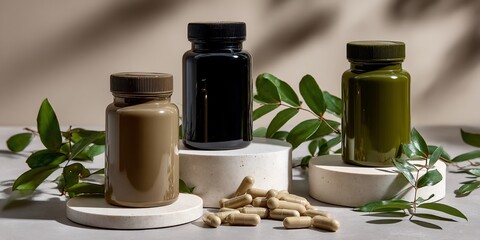 Natural supplement bottles and capsules on podiums with leaves