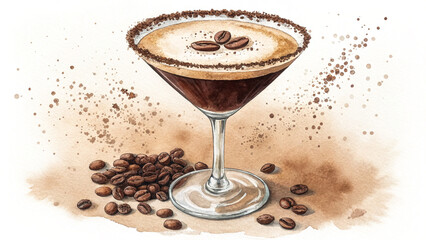 Watercolor Glass of Espresso Martini with Coffee Beans Hand-Drawn Illustration Isolated on White Background