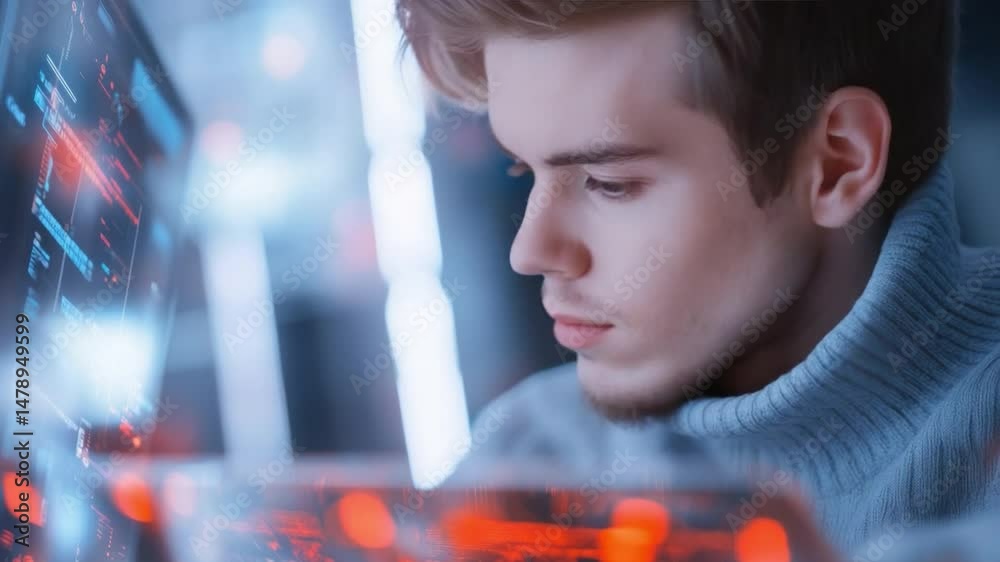 Poster focused observer: a dedicated individual is engrossed in a high-tech, data-driven environment, illum