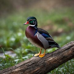 Obraz premium Wood Duck bird on piece of wood.