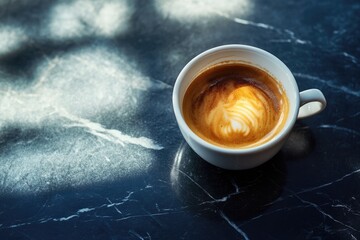 Espresso with latte art on dark marble