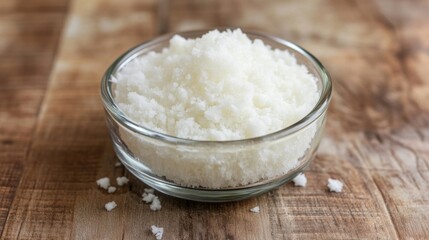 Sea salt crystals in glass bowl on wooden table top close up studio shot for food ingredient or spa treatment concept
