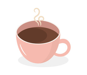 Steaming pink coffee cup filled with dark brown coffee, vector eps10 illustration
