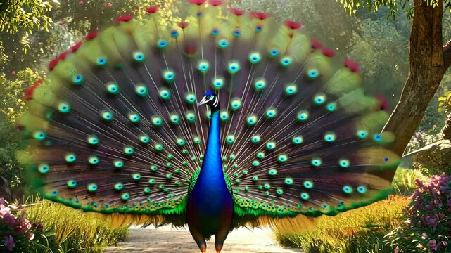 Colorful peacock stands in a lush green forest