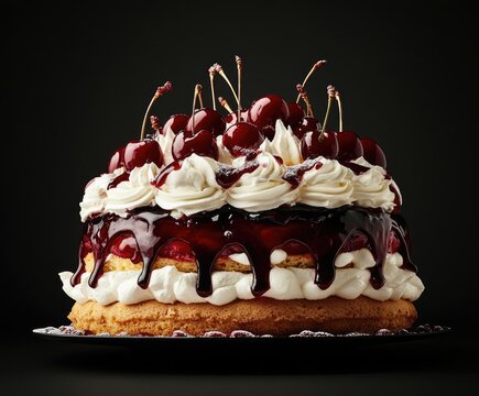 Layered cherry cake with whipped cream and cherry sauce