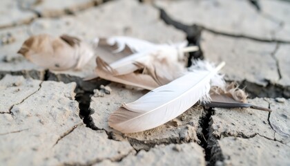Delicate Bird Feathers Resting on Dry Cracked Earth Nature's Fragility