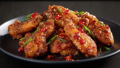 Spicy glazed chicken wings with chili garnish.