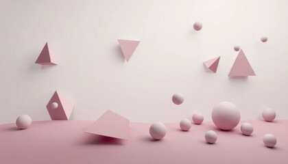Geometric Harmony: An Abstract Composition of Spheres and Pyramids in Pale Pink Tones, creating a sense of minimalist elegance and balance