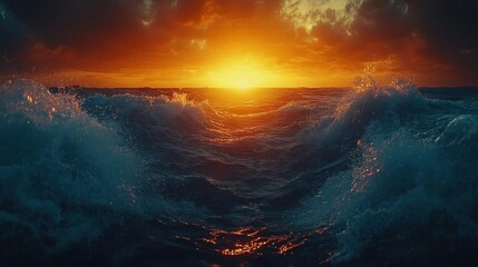 Fototapeta premium Ocean waves crashing sunset fiery sky nature
