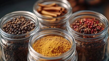 A close-up shot of spices in glass jars, highlighting the variety and intricate details.