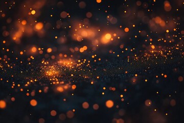 Abstract fiery particles explosion.  A dramatic display of  glowing, orange-red  sparkles and tiny lights against a dark background.  Intensely concentrated, almost like a firestorm of light